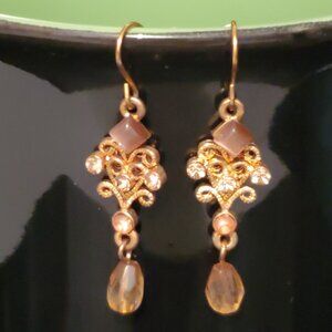 Vintage Ornate Gold & Brown Eye of Tiger Pink Beaded Dangle Earrings